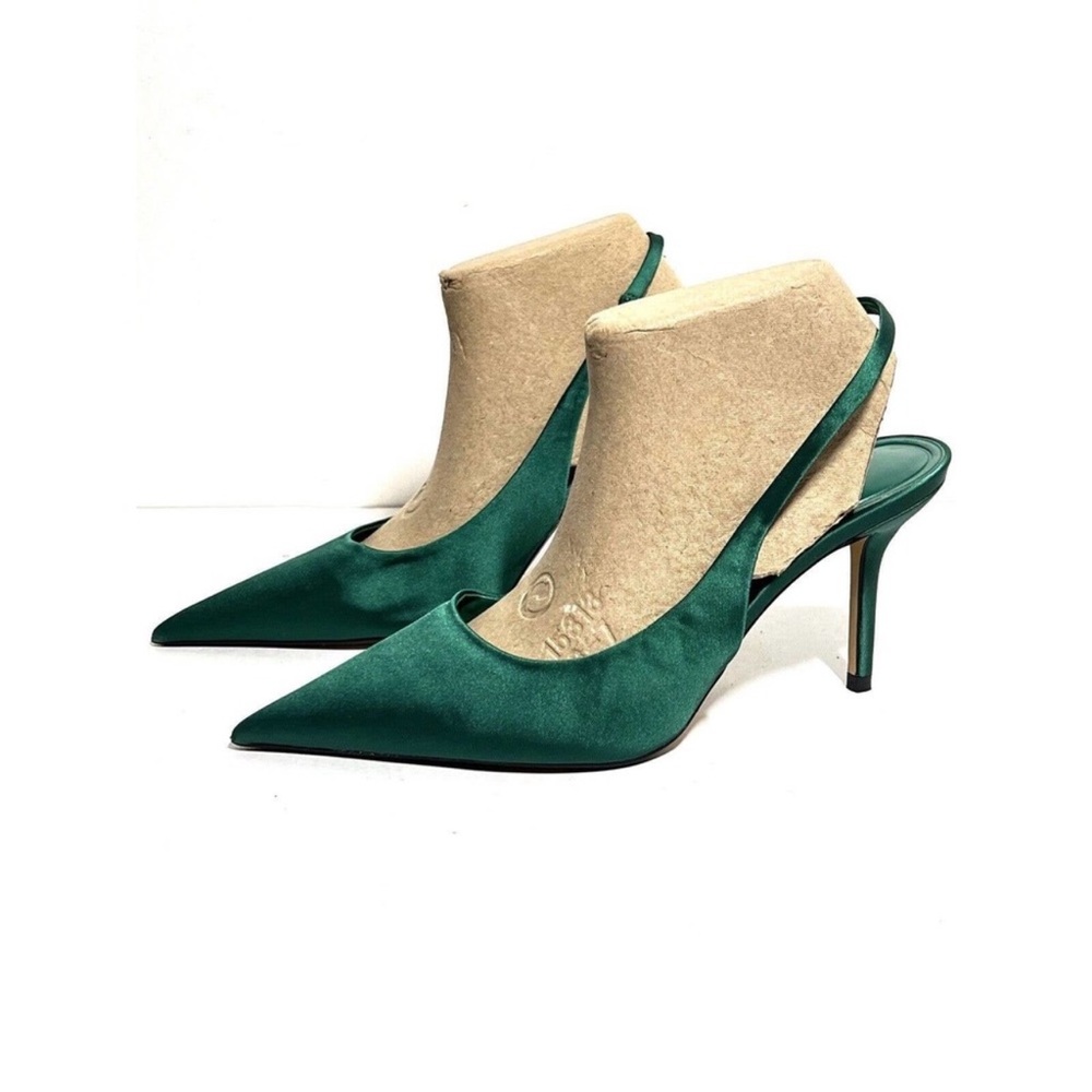 Zara NWT Kelly Green Satin Slingback 4" Heel Shoe Size 9